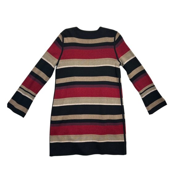Chicos Cardigan Womens Medium Black Tan Red Striped Longline Open Front - Picture 2 of 6